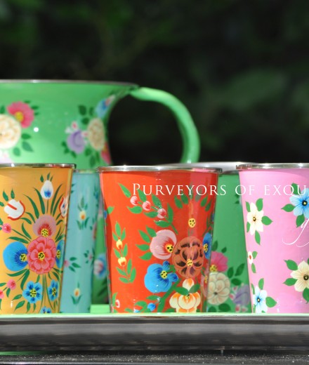 Jasmine White London Maria jug and tray with Maria, Leah, Sienna, Amber and Charlotte Handpainted enamelware tumbler